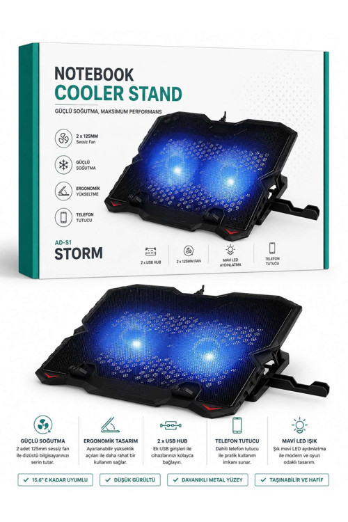 Notebook Soğutucu Stand - 2 Fanlı, USB Girişli, LED Işıklı Ayarlanabilir Laptop Soğutucu