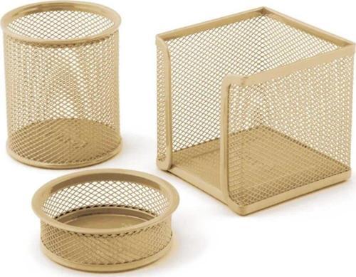 Perfore A Üstü Metal Üçlü Set Kalemlik Ataşlık Küp Blok Desk Organizer Gold