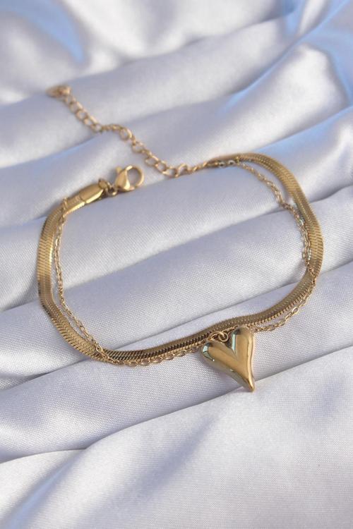 316L Çelik Gold Renk İtalyan Zincirli Kalp Model Bileklik - EBJ240629W25009