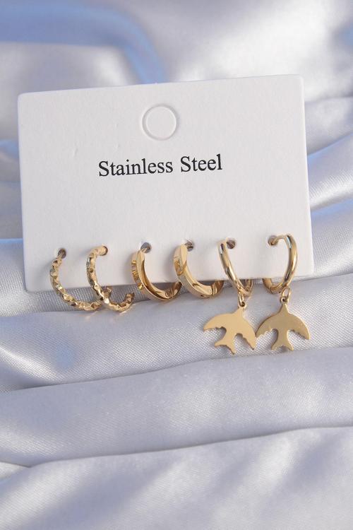 316L Çelik Gold Renk Oval Tasarım Kuş Model Küpe Seti - EBJ240629W25051