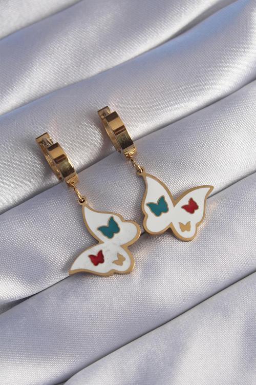 316L Çelik Gold Renk Renkli Mineli Kelebek Küpe - EBJ240629W25048