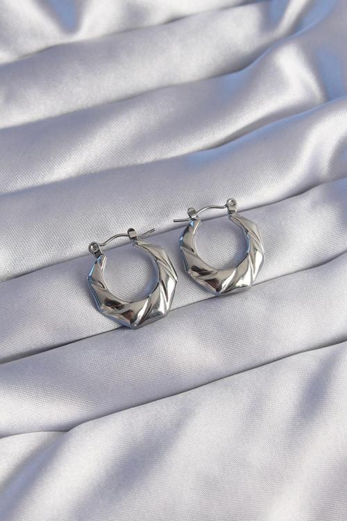 316L Çelik Gümüş Renk Kıvrımlı Görünüm Geometrik Model Küpe - EBJ240629W25066