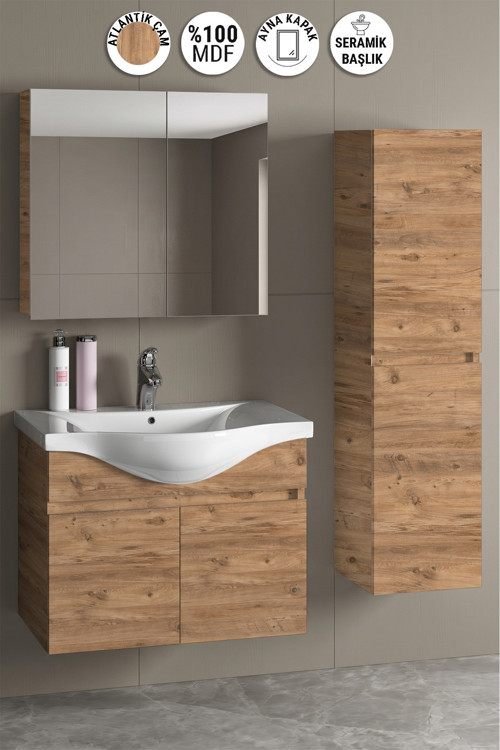 Yıldız 80+35 cm Atlantik Çam MDF Seramik Lavabolu Asma Banyo Dolabı Takımı