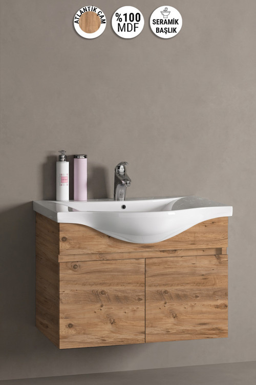 Yıldız 80 cm Atlantik Çam MDF Seramik Lavabolu Asma Banyo Alt Dolabı