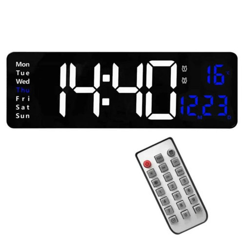 Kumandalı Duvara Monte Tarih/Sıcaklık/Alarm Özellikli LED Aydınlatmalı Dijital Saat (39 x 13