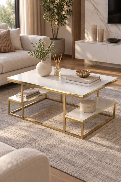 Gold Beyaz Orta Sehpa 90x60 cm Dikdörtgen Salon Sehpası