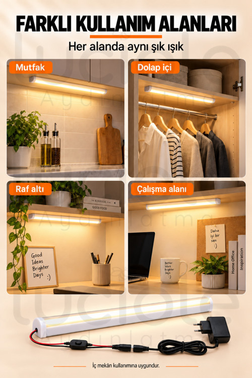 Luciole 50 CM ColorBar Günışığı LED Bar 12V 12W Adaptörlü Anahtarlı Yapışkanlı Tezgah Altı Dolap İçi Aydınlatma 5