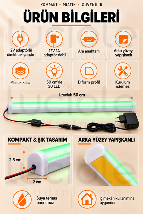 Luciole 50 CM ColorBar Yeşil LED Bar 12V 12W Adaptörlü Anahtarlı Yapışkanlı Tezgah Altı Dolap İçi Aydınlatma 3