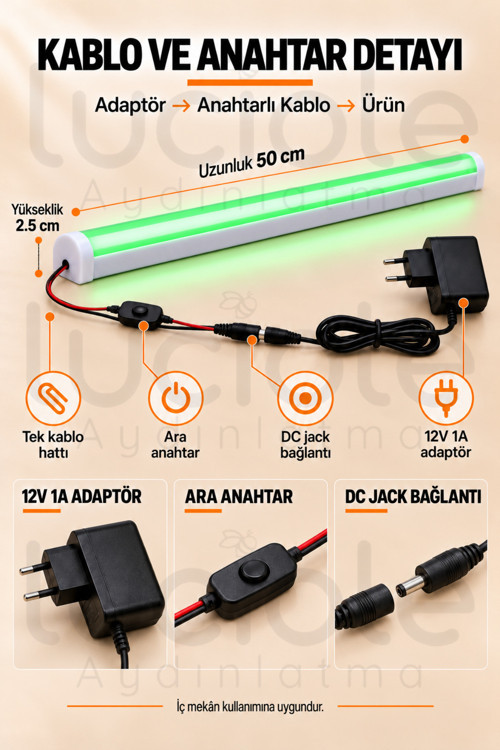 Luciole 50 CM ColorBar Yeşil LED Bar 12V 12W Adaptörlü Anahtarlı Yapışkanlı Tezgah Altı Dolap İçi Aydınlatma 6