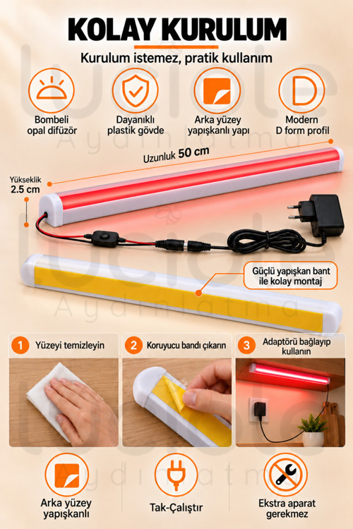 Luciole 50 CM ColorBar Kırmızı LED Bar 12V 12W Adaptörlü Anahtarlı Yapışkanlı Tezgah Altı Dolap İçi Aydınlatma 4
