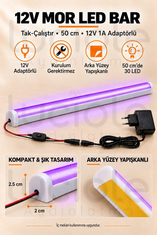 50 CM ColorBar Mor LED Bar 12V 12W Adaptörlü Anahtarlı Yapışkanlı Tezgah Altı Dolap İçi Aydınlatma