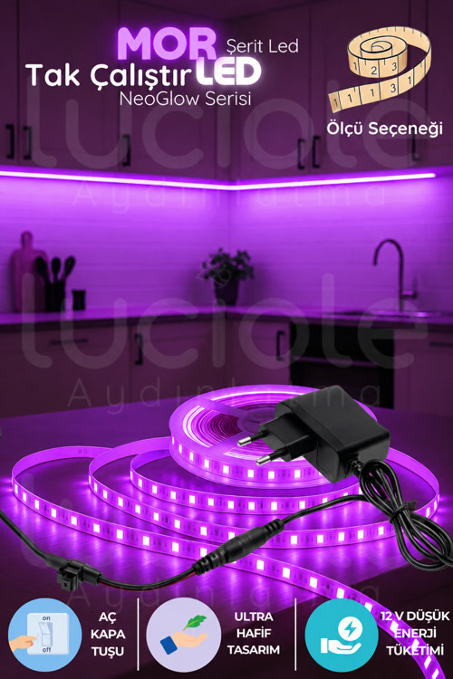 1 Metre NeoGlow LED Işık Şeridi – 12V Tak Çalıştır Fişli 60 Çipli Mor Aydınlatma Bandı Seti