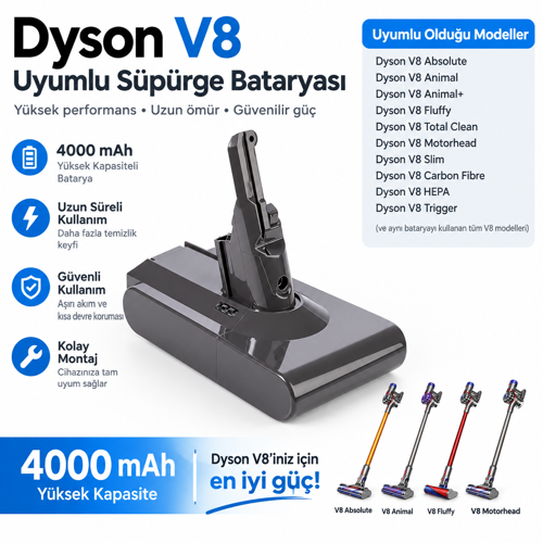 V8 Origin ile uyumlu süpürge bataryası 4000 mah