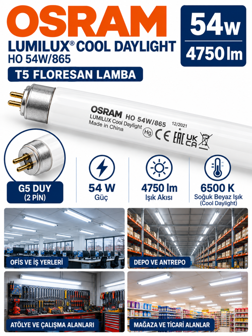 (1 Adet) Osram 54W 865 Beyaz (6500K) G5 Duylu T5 Floresan