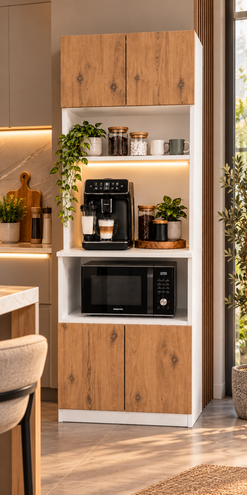Kahve Köşesi Dolabı Modern Led Aydınlatmalı Raflı Mutfak Rafı Dolabı
