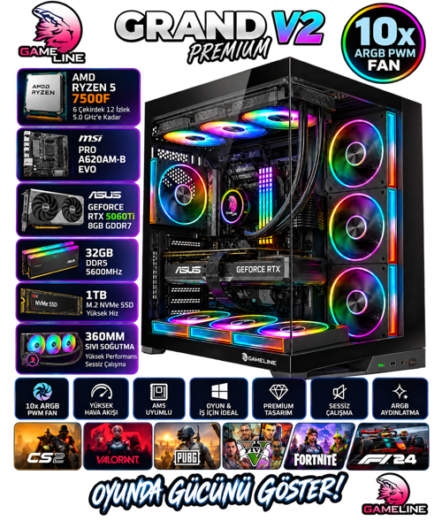 V2 Premium / Ryzen 5 7500F / Msı A620M-B Evo / Asus Rtx 5060 Ti 8GB / 32GB DDR5 5600MHZ / 1TB Nvme SSD / 360MM Sıvı Soğutma / 10X Argb Pwm Fan Oyuncu Bilgisayarı