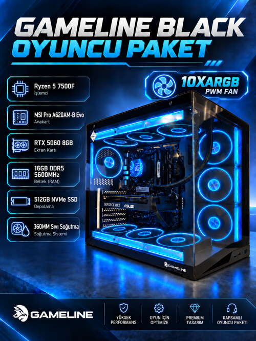 Fr | Ryzen 5 7500F | Msı Pro A620AM-B Evo | Rtx 5060 8GB | 16GB DDR5 5600MHZ | 512GB Nvme SSD | 360MM Sıvı Soğutma | 10X Argb Pwm Fan