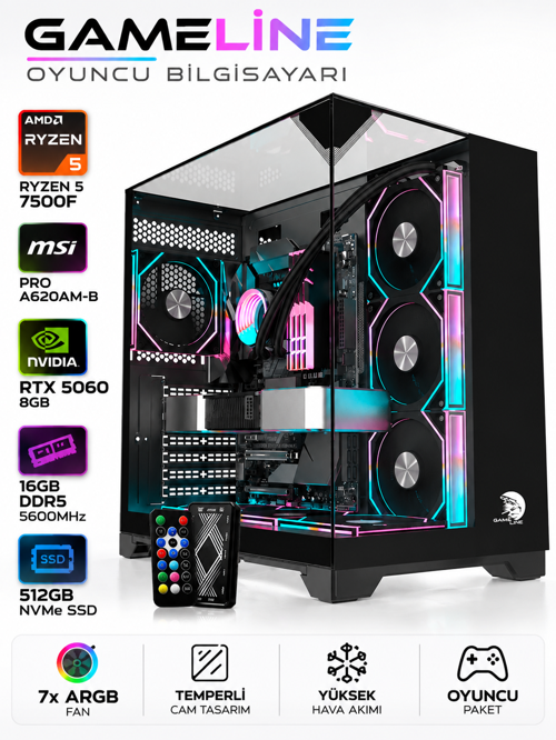 Carisma/Ryzen 5 7500F/ Msı Pro A620AM-B/ RTX 5060 8GB/ 16GB DDR5 5600MHZ/ 512GB Nvme Ssd/Sıvı Soğutma/ Black Oyuncu Paket