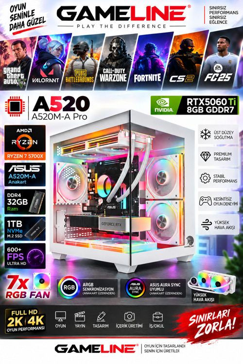 Gaming Pc | Amd Ryzen 7 5700X | Asus Prıme A520M | Rtx 5060Tİ 8gb | 32GB Ram | 1tb M.2 Nvme SSD |240MM Sıvı Soğutmalı Masaüstü Oyuncu Bilgisayarı