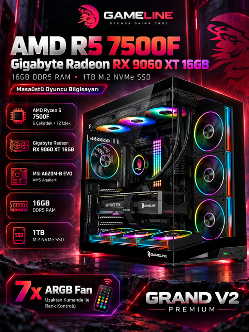 Grand V2 Ryzen 5 7500F / RX 9060 XT 16GB / 16GB DDR5 RAM/ 1TB M.2 SSD / Gaming Oyuncu Bilgisayarı