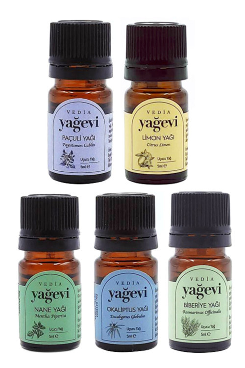 Okaliptus+Paçuli+Biberiye+Nane+Limon Uçucu Yağ Seti 5X5Ml