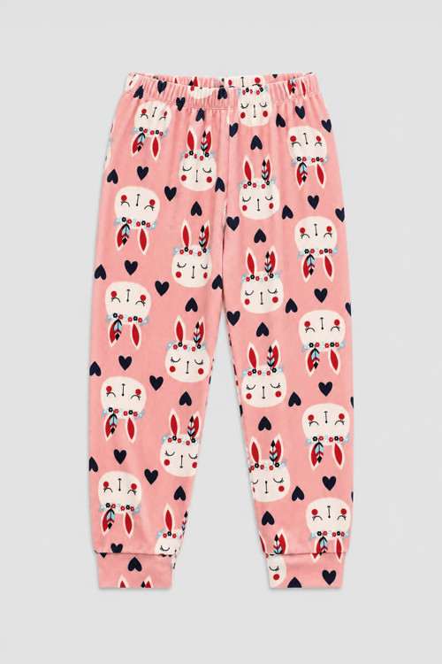 Kız Çocuk Tavşan Desenli Yumuşak Kadife Dokulu Pembe Pijama Altı