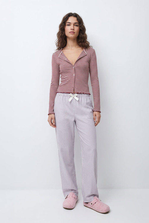 Kadın Çizgili %100 Pamuk Pembe Pijama Altı