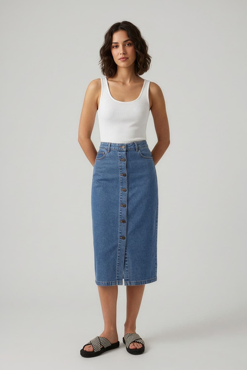 Önden Düğmeli Yüksek Bel Uzun Mavi Denim Etek