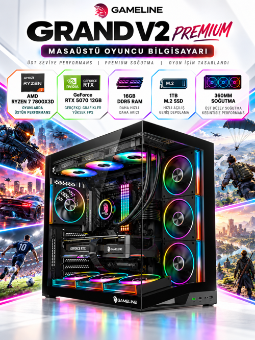 Premium AMD Ryzen 7 7800X3D / GeForce RTX 5070 12GB / 16GB DDR5 RAM / 1TB M.2 SSD / 360MM Sıvı Soğutmalı Oyuncu Bilgisayarı