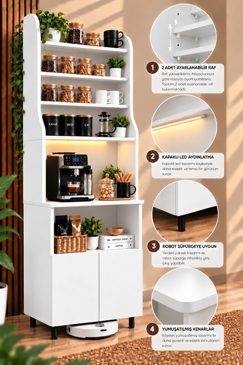 Kahve Köşesi Dolabı Modern Led Aydınlatmalı Ayarlanabilir Raflı Mutfak Rafı Dolabı