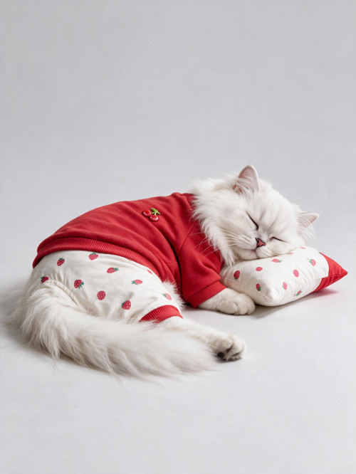 Tatlı Çilek Kedi Rüyası | Pamuklu Çilekli Kedi Tulumu, Kırmızı Sweatshirt ve Mini Yastık | 3Parça