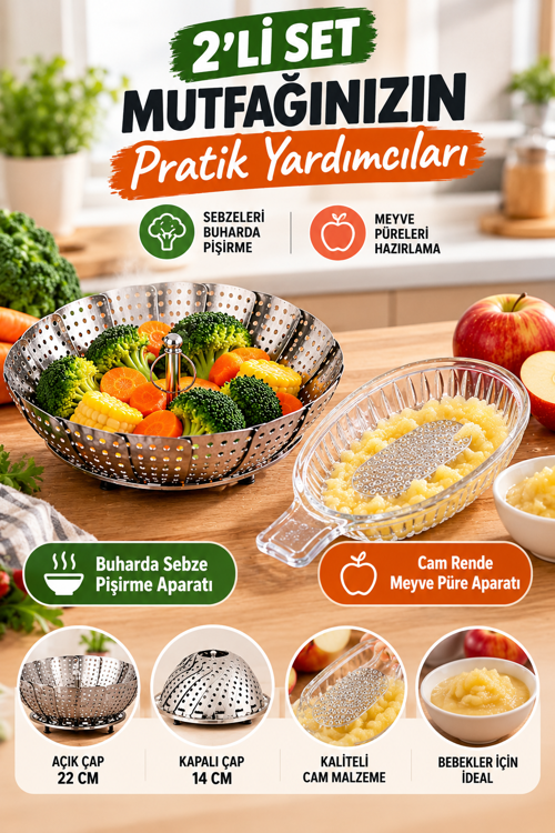 2'li Ek Gıda Seti Buharda Sebze Pişirme Aparatı ve Cam Elma Rendesi Bebek Meyve Püresi Hazırlama Set