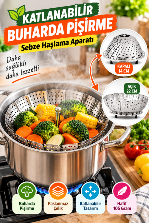 Katlanabilir Paslanmaz Çelik Buharda Sebze Pişirme Haşlama Aparatı 22 cm Buhar Sepeti Orta Boy Ürün