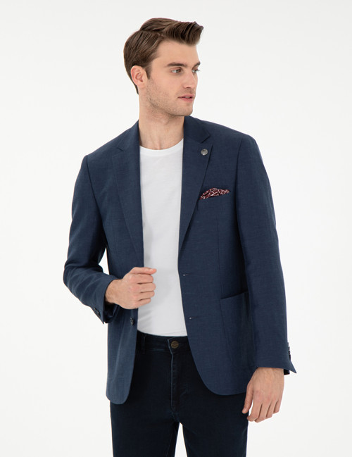 Lacivert Slim Fit Keten Karışımlı Ceket 50306748-VR033
