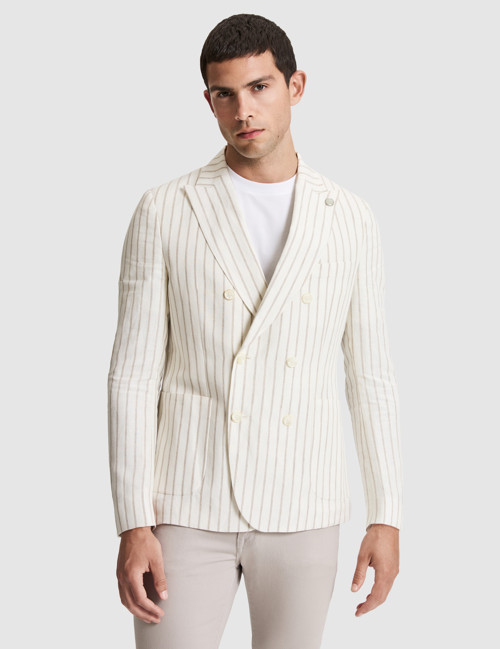 Ekru Slim Fit Çizgili Keten Kruvaze Ceket 50284938-VR019