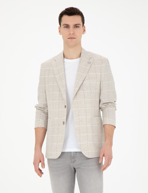 Bej Slim Fit Keten Ekose Ceket 50285197-VR011