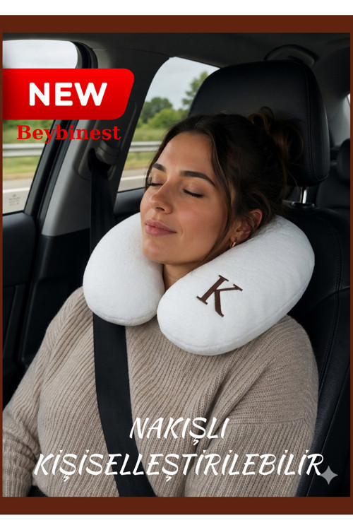 Nakışlı Kişiselleştirilebilir Premium Welsoft Boyun Yastığı Dolgulu Seyahat Uyku Destek Yastığı Beyaz