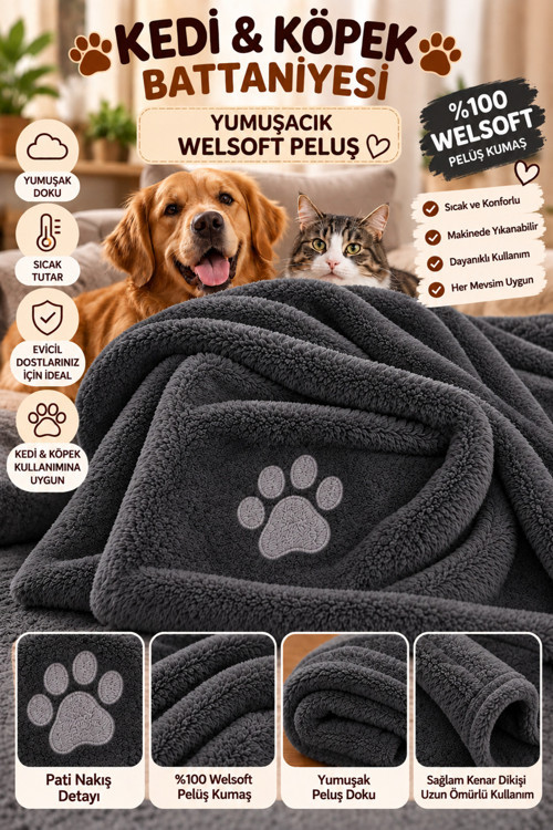 Kedi Köpek Battaniyesi Pati Nakışlı Model Antrasit Gri Renk Welsoft Kedi Battaniyesi