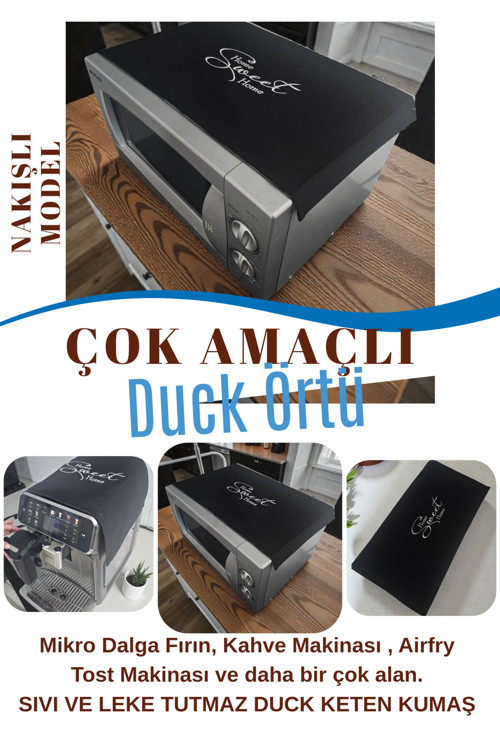 Nakışlı Çok Amaçlı Duck Keten Örtü Mikrodalga Fırın Airfry Kahve Makinası Örtüsü 60X30 Cm Siyah