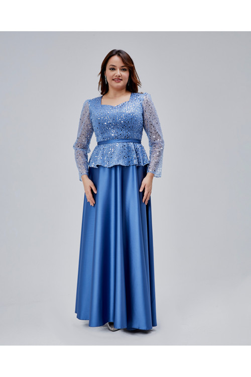 Kadın Abiye Orta Beden Kalp Yaka Peplum Detaylı Uzun Abiye Elbise