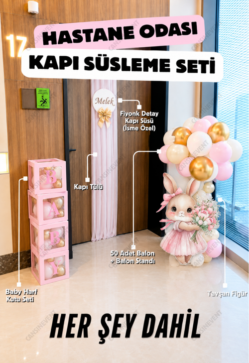 Her Şey Dahil Hastane Odası Kapı Süsleme Seti - Balon Standı, Tül, İsimli Kapı Süsü