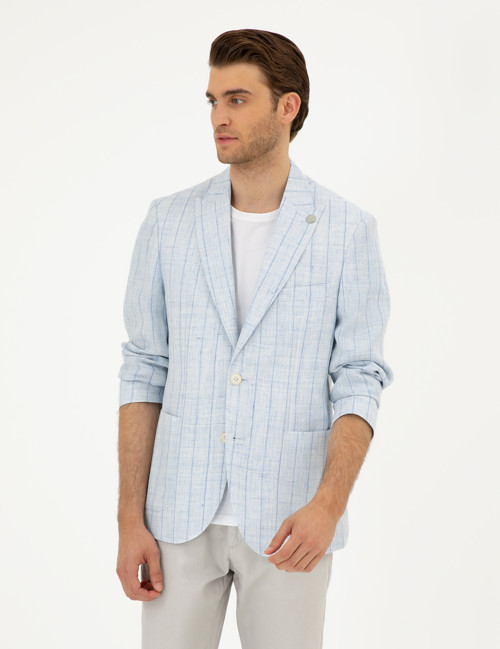 Açık Mavi Slim Fit %100 Keten Çizgili Ceket 50284966-VR003