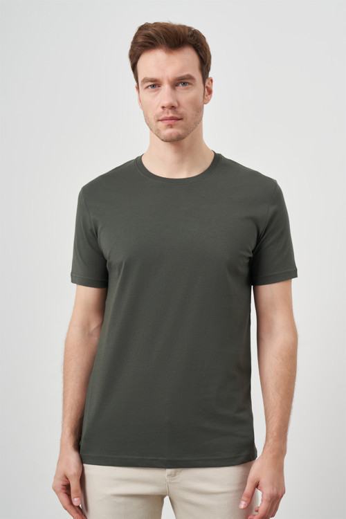 Haki Basic Düz %100 Pamuk Bisiklet Yaka Slim Fit Dar Kesim Kısa Kollu Tişört