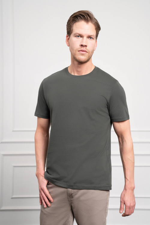 Haki Basic Düz %100 Pamuk Bisiklet Yaka Slim Fit Dar Kesim Kısa Kollu Tişört