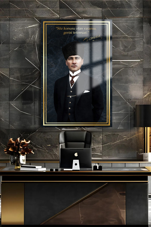 Atatürk Gold Ulta Tabo Cam Tablo | Şık Duvar Tablosu | Solmayan Canlı Renkler | Ofis Ve Çalışma Odası | Ev Hediyesi | Parlak Cam Yüzey