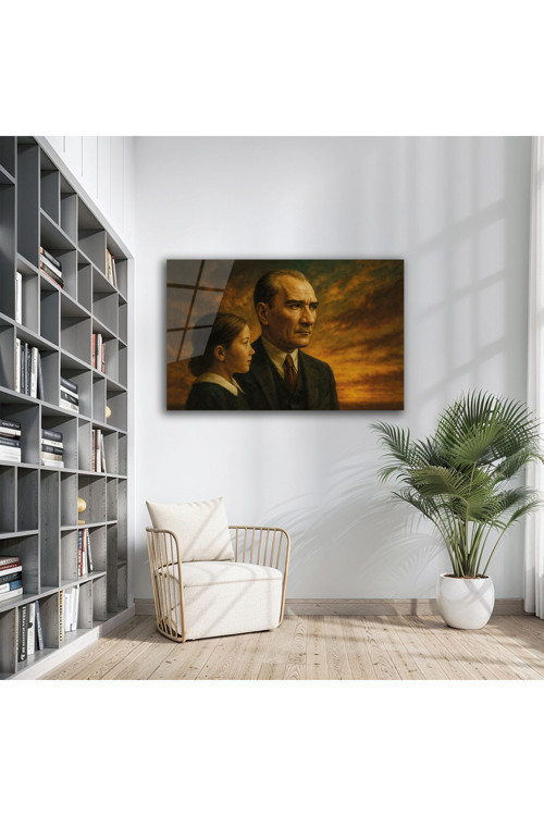 Atatürk Ve Çocuk Portresi Dekoratif Şık Cam Tablo | Atatürk Temalı Dekoratif Duvar Tablosu, Salon, Ofis Ve Çalışma Alanı Dekoru,