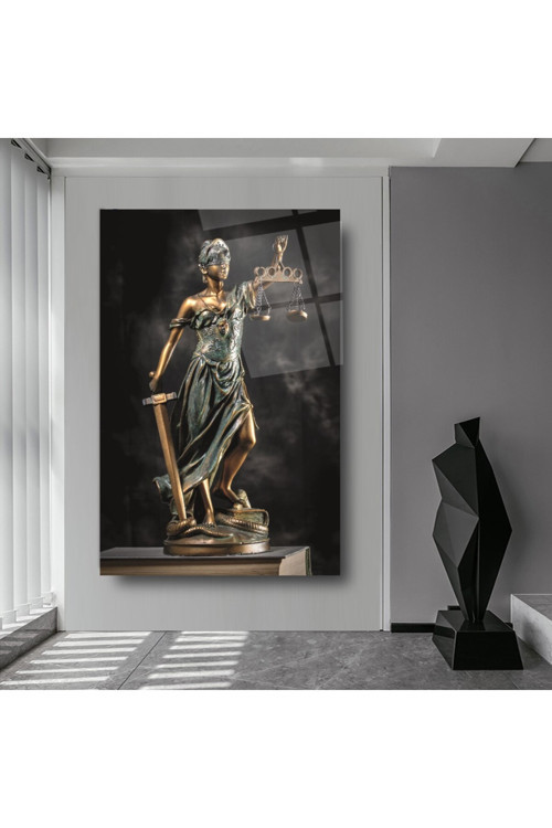 Avukat Ofisine Themis Heykeli Adalet Heykeli Cam Tablo | Modern Duvar Dekoru | Canlı Renkli Baskı | Ofis ve Çalışma Odası | Yeni Ev Hediyesi