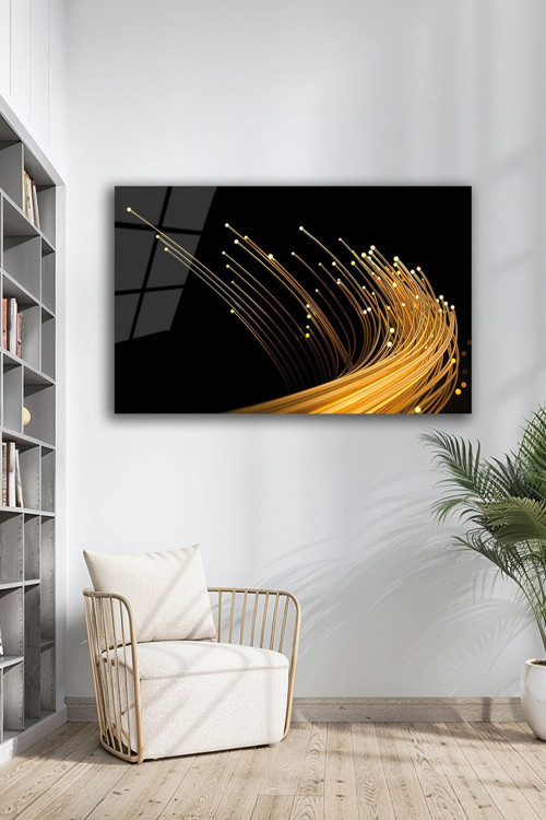 Dekoratif Gold Çizgi Detaylı Siyah Cam Tablo Modern Soyut Işık Demeti | Doğa ve Manzara Temalı Dekoratif Duvar Tablosu, Salon, yatak odası ve ofis dekoru,