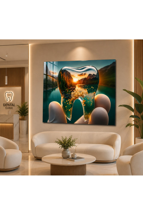 Diş Anatomisi Gün Doğumu Temalı 4 MM Temperli Cam Tablo | Diş Kliniği Dekoratif UV Baskı Dental Duvar Tablosu