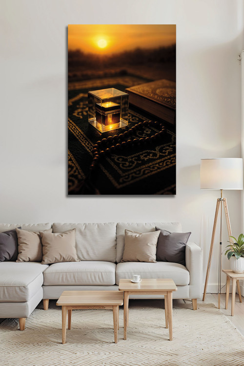 Kâbe Minyatürü ve Kuran Temalı Dekoratif CAM TABLO Modern İslami Dekorasyon ve Manevi Değer | İslami Motifli Dekoratif Duvar Tablosu, Salon ve ibadet alanı dekoru,